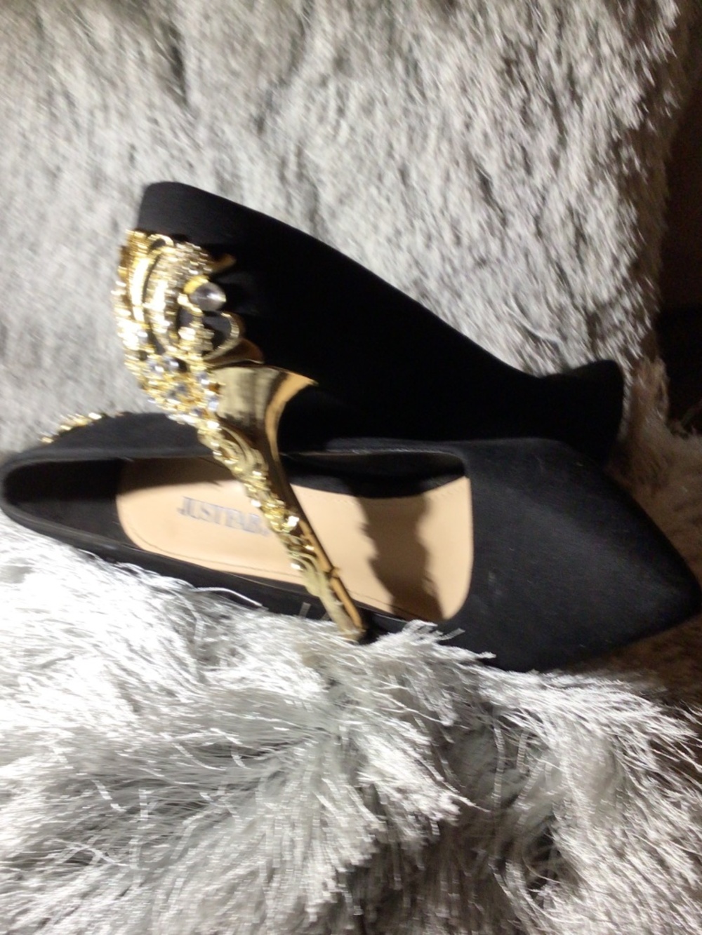 Black pointed toe Satin suede golden rose emblemed heel shoe - Picture 11 of 13